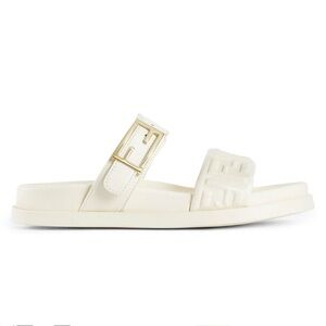 FENDI Feel FF logo embossed leather double strap sandals slides